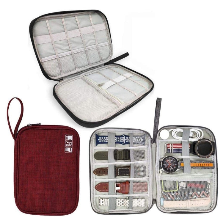 Red cable storage organizer bag with open case and interior grid pockets