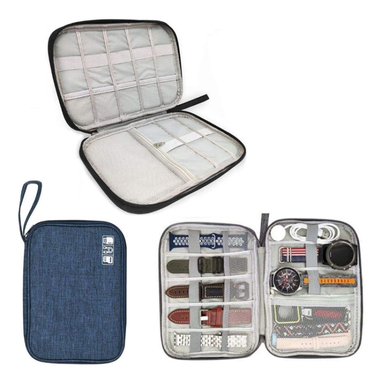 Navy blue cable storage organizer bag with open case and interior grid pockets