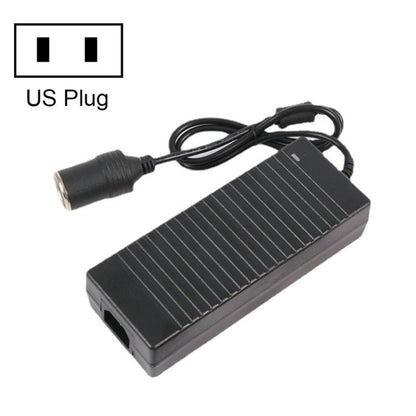 Black 220V-to-12V car power converter with US plug and attached cables