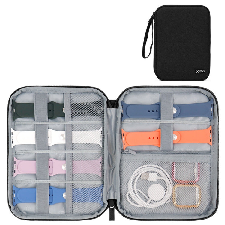 Gray watch strap and cable storage bag, open with mesh organizer compartments