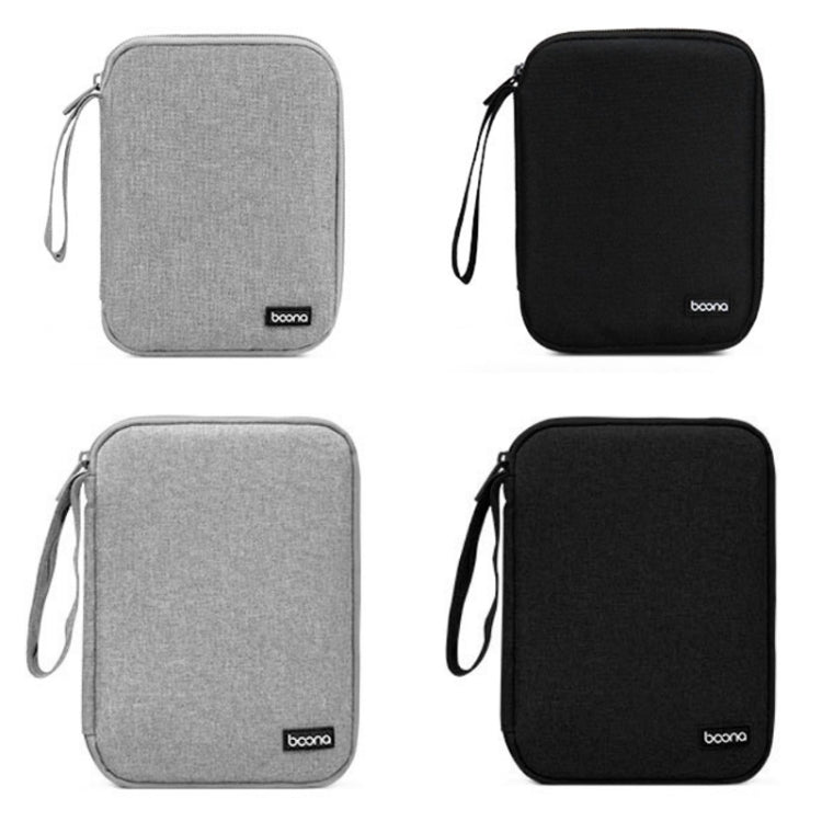 Watch strap and cable storage bag in gray and black, with zip closure and wrist strap