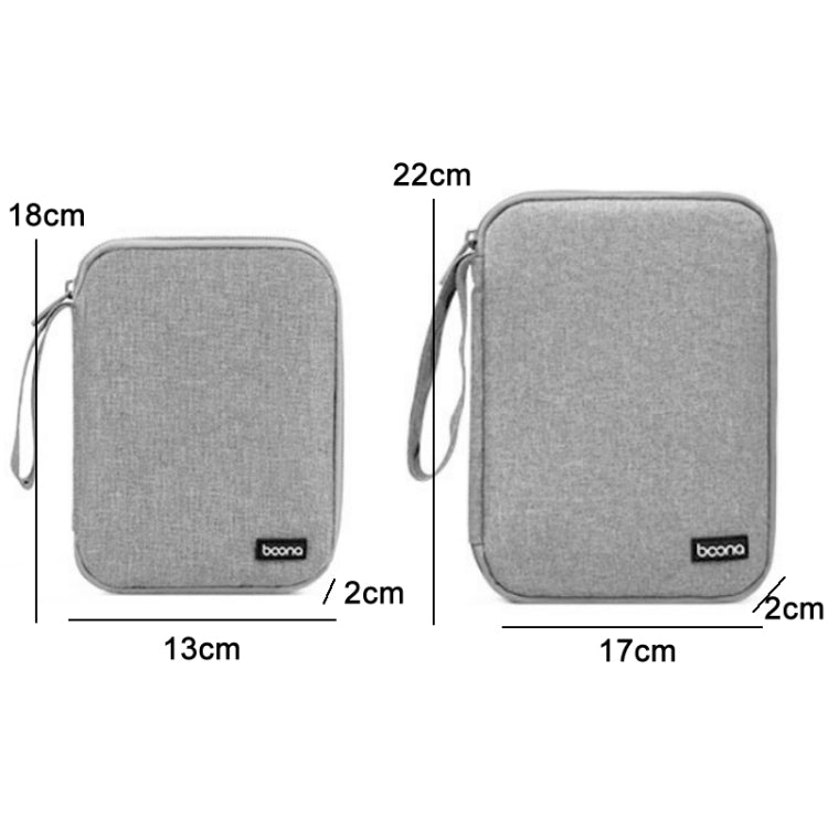 Gray watch strap and cable storage bag with zip closure, front and side views