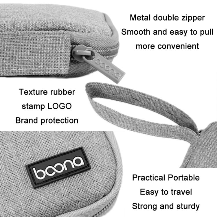 Gray fabric storage bag with metal double zipper, wrist strap handle, boona logo
