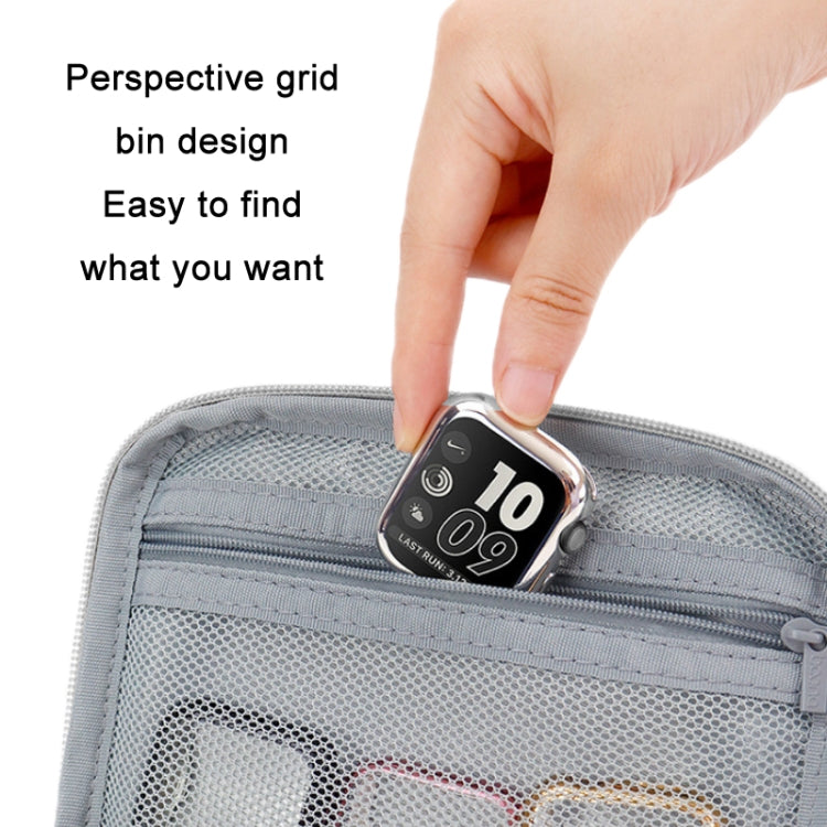 Gray storage bag open with mesh pocket organizer and smartwatch placed inside