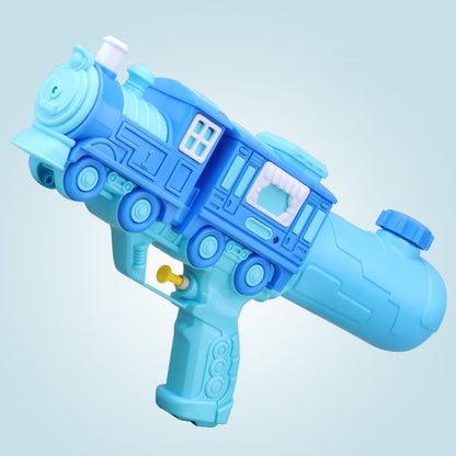 Blue train-style water pumping outdoor toy with long barrel and handle