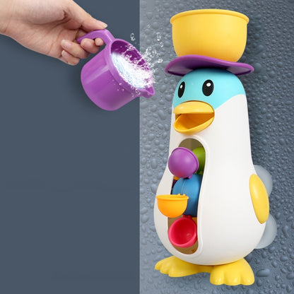 Baby penguin bath water toy with purple water wheels and yellow pouring cup