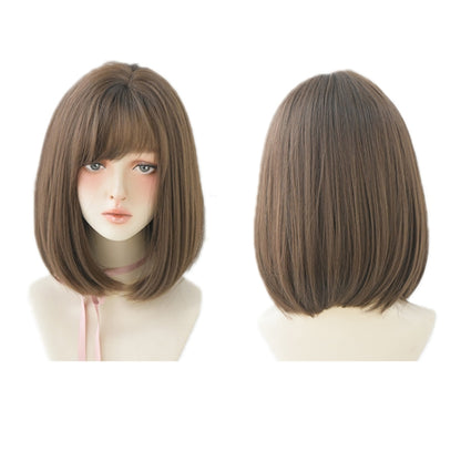 Women’s medium-length realistic bob wig with straight hair and bangs, brown tone
