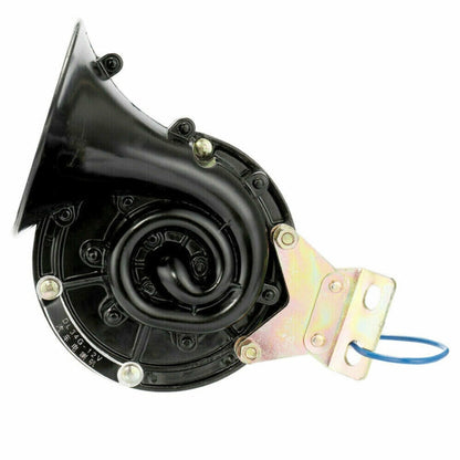 Black monophonic snail air horn with mounting bracket and blue wire pigtail