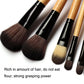 Makeup brush set close-up with dark bristles on black and wood handles