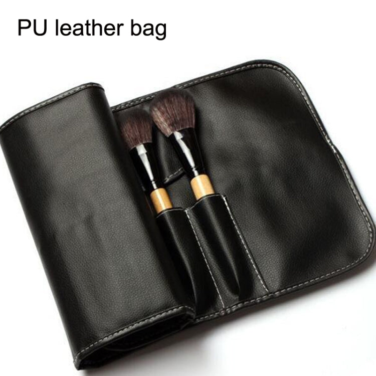 Makeup brush set in black PU leather holder, with wood-handled and black brushes