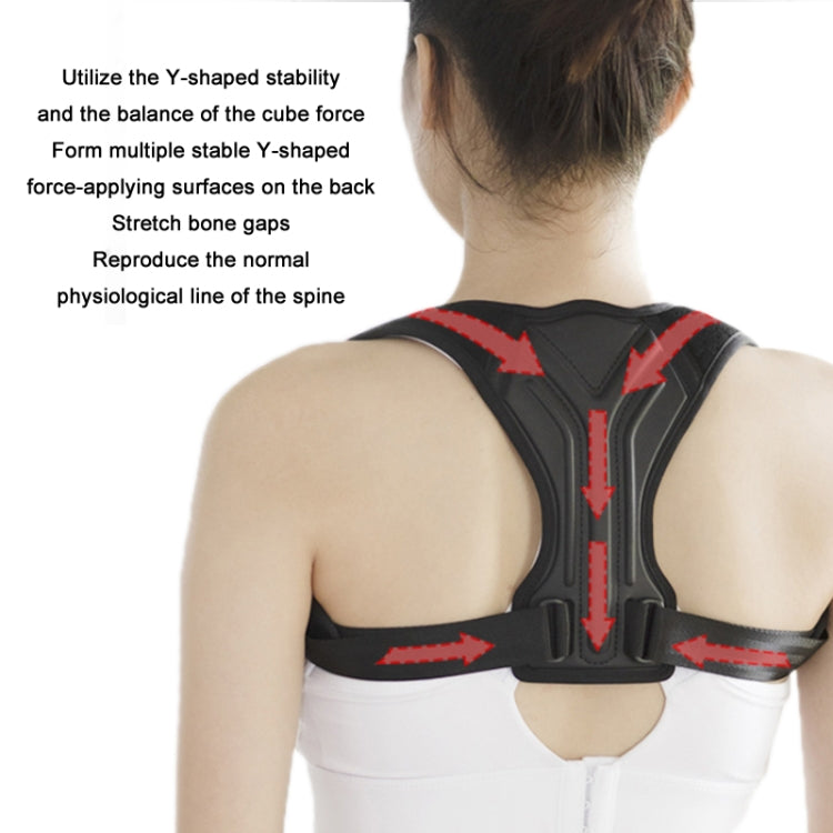 Black Y-back posture correction belt with red brace detailing and adjustable front buckle