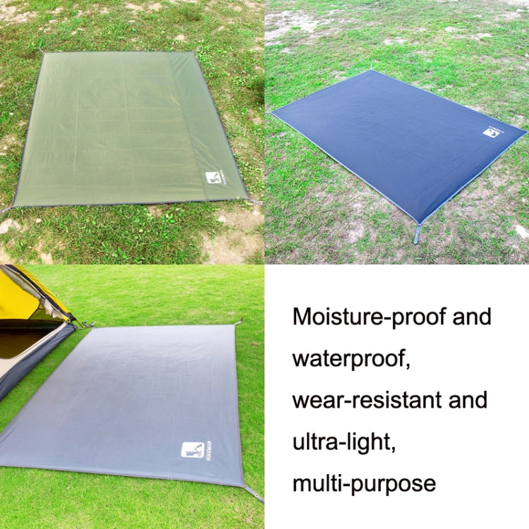 Green and blue waterproof picnic ground mats with corner grommets and tie points