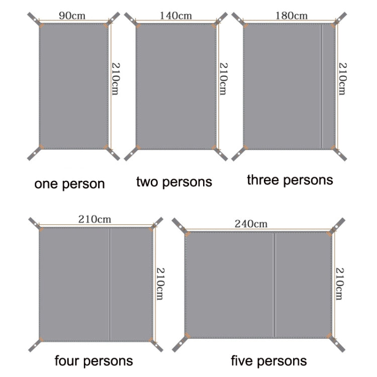 Grey ground mat size chart: 90x210 to 240x210, 5 coverage options