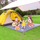 Grey waterproof picnic ground mat with printed cartoon scene and corner grommets