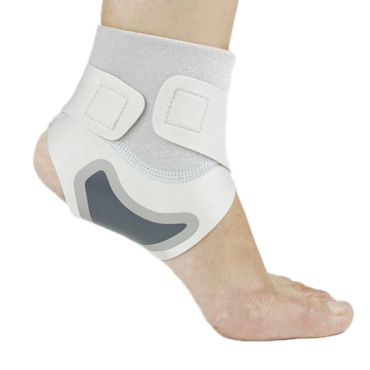 Ankle compression fixation strap with open heel, gray and white stabilizer pads