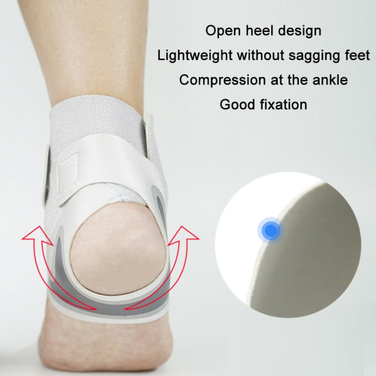 Lightweight open-heel ankle compression strap covering foot and ankle, gray/white