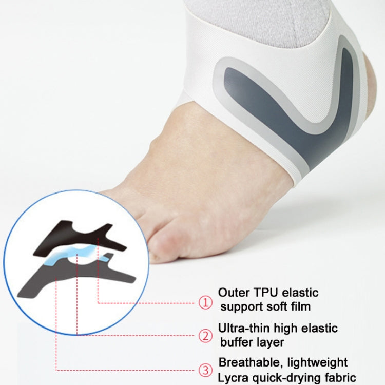 Breathable open-heel ankle compression strap with TPU-style support pad, gray/white