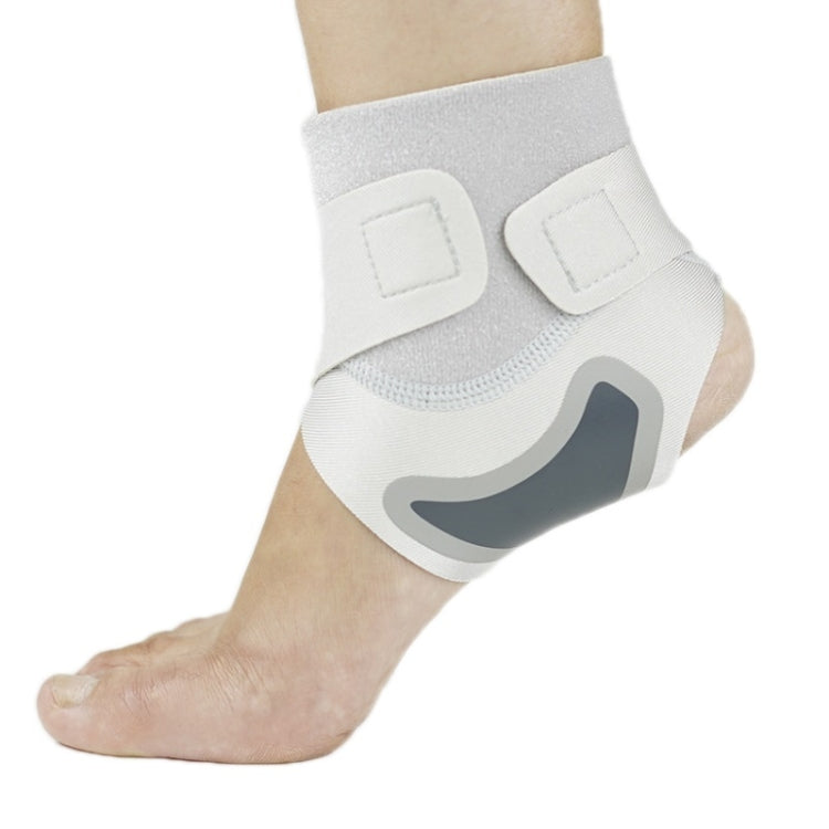 Open-heel ankle compression strap, gray and white with molded stabilizer panel