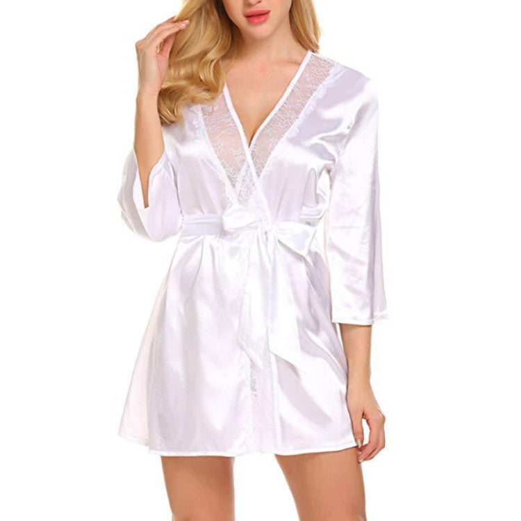White satin lace-trim nightgown with V-neckline and tied waist belt, 3/4 sleeves
