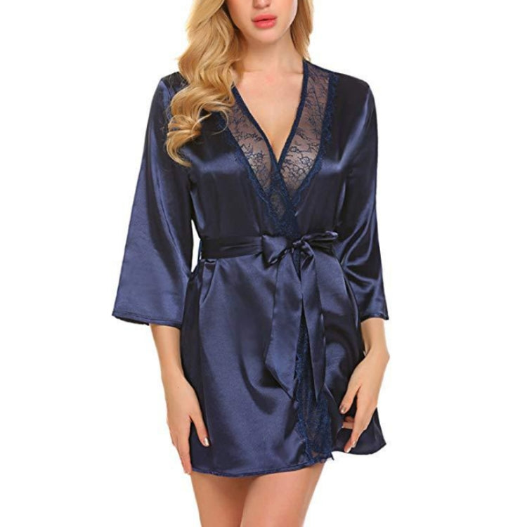 Blue satin nightgown with lace V-neck trim and tie belt, 3/4 sleeves