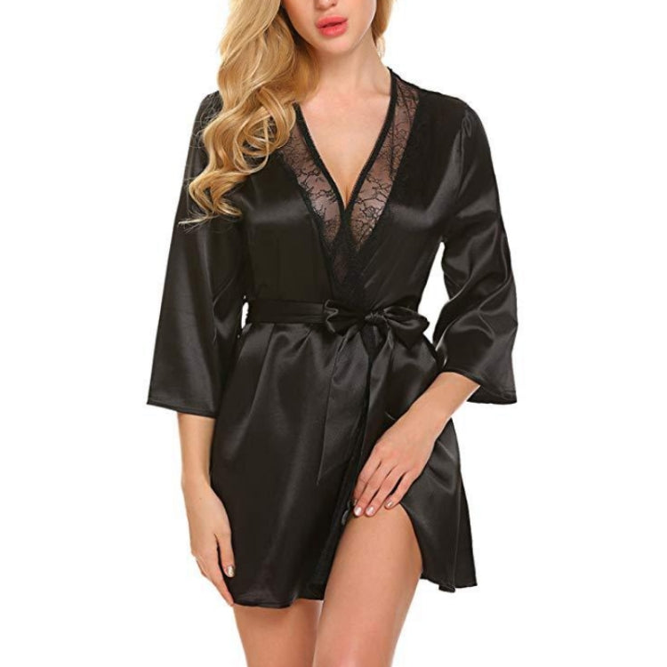 Black satin nightgown featuring lace-edged V-neck and center tie belt, 3/4 sleeves