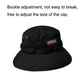 Black bucket hat with stitched band and chin drawstring, adjustable buckle