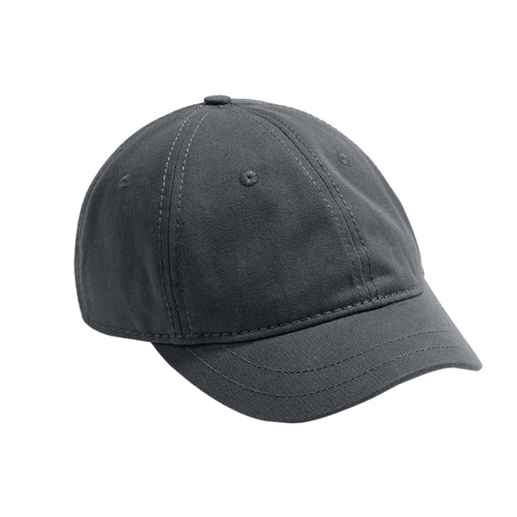 Gray baseball cap with short curved brim and stitched panels