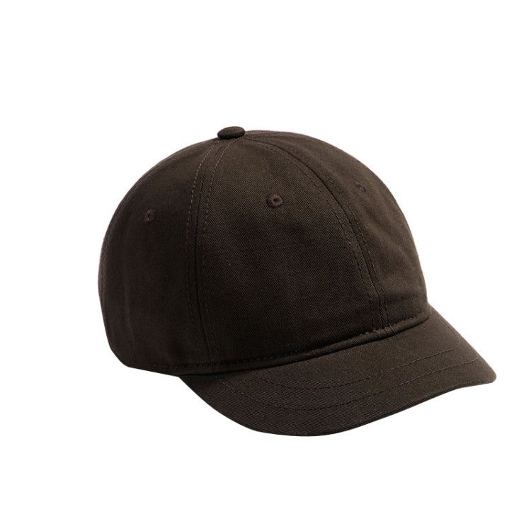 Coffee brown baseball cap with short curved brim and stitched crown panels