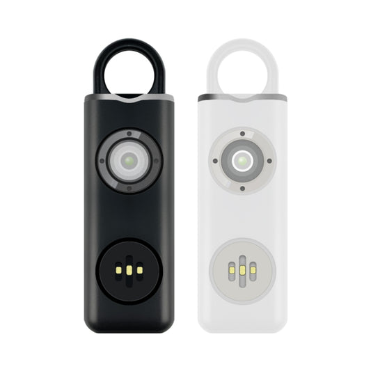 Rechargeable personal alarm keychains in white and black, each with key ring and LED lens