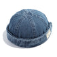Denim blue denim melon cap with curved brim and stitched dome top