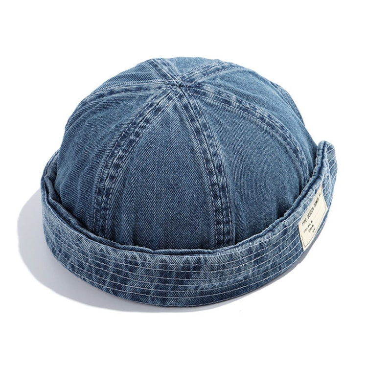 Denim blue denim melon cap with curved brim and stitched dome top