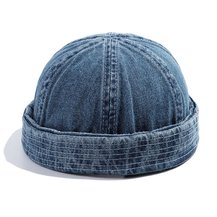 Denim blue denim melon cap with front brim and center seam crown