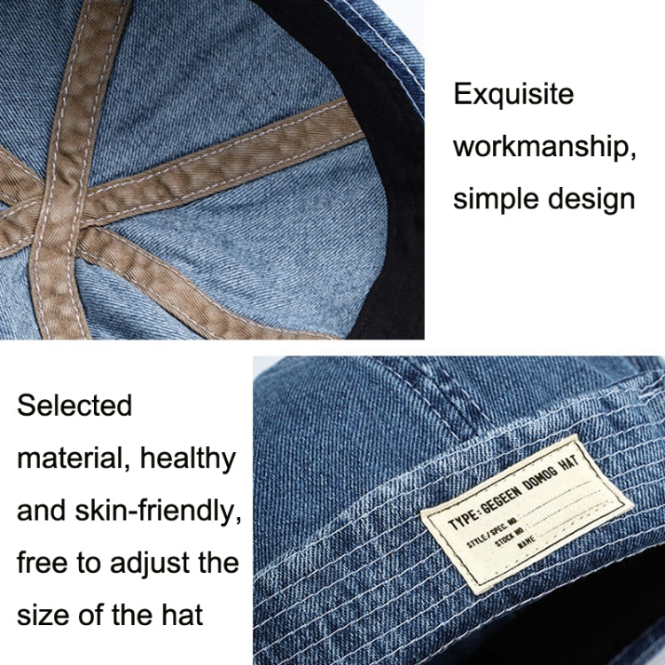Denim blue denim cap with tan-trim inner brim and stitched label patch