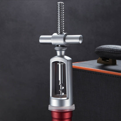 Wine bottle auger opener, silver zinc alloy body with vertical screw and crossbar handle