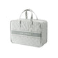 Gray geometric-pattern fabric clothes organizer bag with top handles and “LOVE & PEACE” label