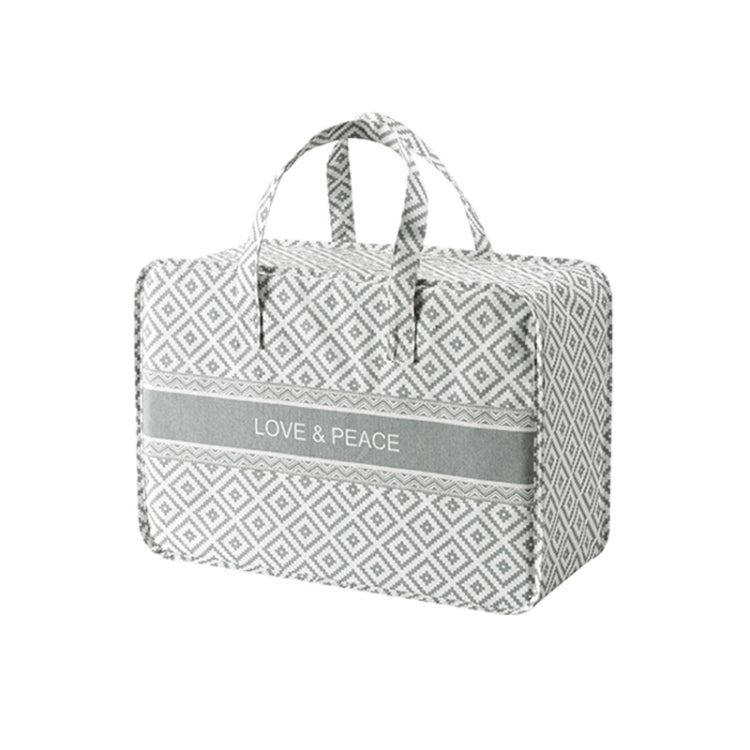 Gray geometric-pattern fabric clothes organizer bag with top handles and “LOVE & PEACE” label