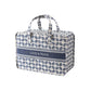 Blue leaf-pattern fabric storage bag with carrying handles and “LOVE & PEACE” panel