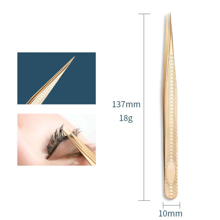 Gold eyelash extension tweezers, long body with decorative wave pattern