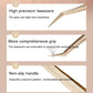 Gold precision eyelash tweezers with narrow jaws and non-slip patterned handle
