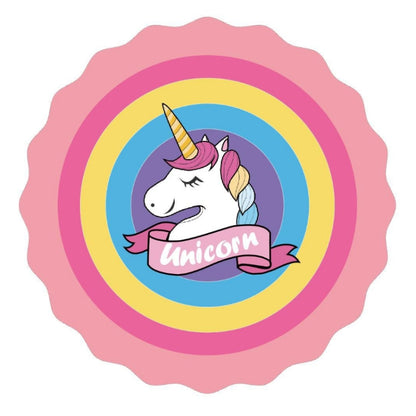 Children sprinkler play mat with unicorn graphic on pink round mat
