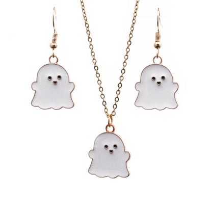 Ghost charm earrings and necklace set with white ghost silhouettes and gold-tone chain.