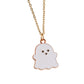 White ghost pendant necklace with gold-tone chain and small face detail.
