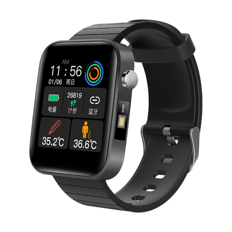 Black smart watch with rectangular display and black silicone band, side button visible.