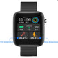 Black smartwatch front view with digital display and black silicone band, watch crown on side.