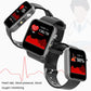 Set of three black smartwatches with red health graphs on screens and black silicone straps.