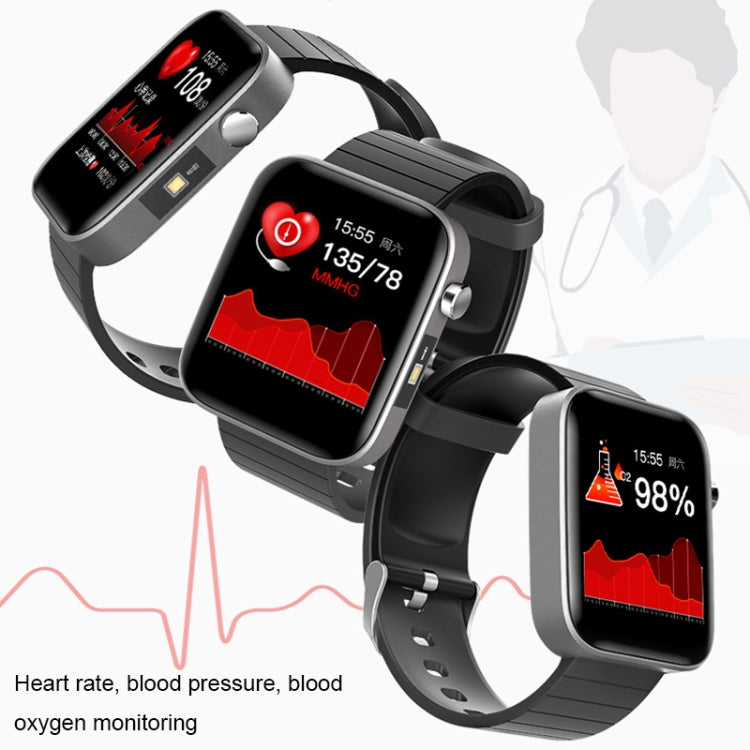 Set of three black smartwatches with red health graphs on screens and black silicone straps.