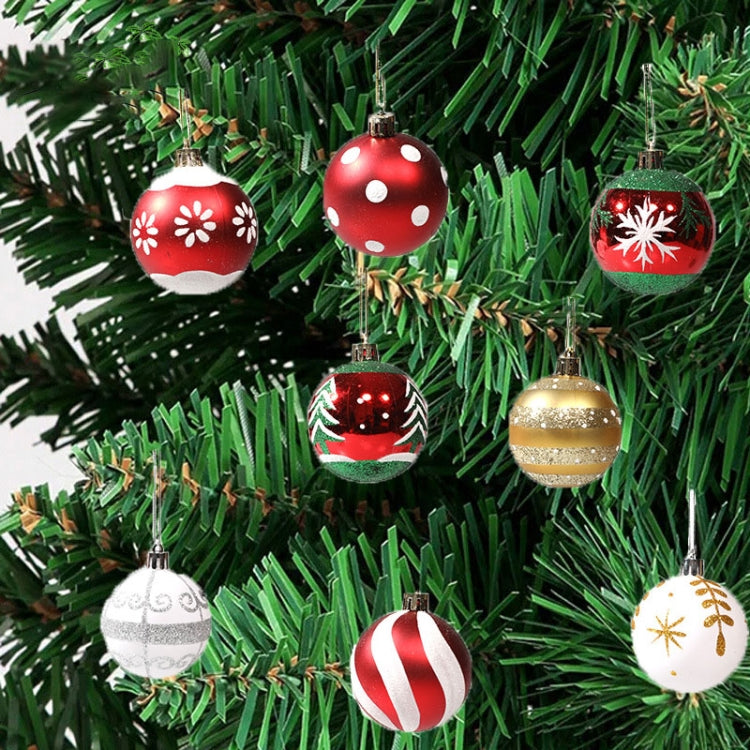 Christmas ball decorations on a tree, red white green and gold hanging ornaments