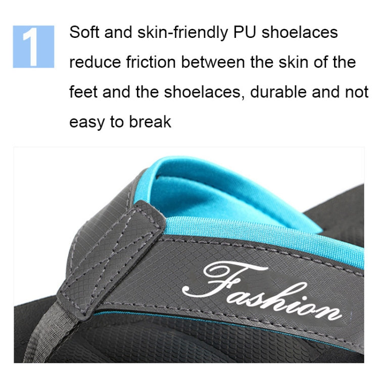 Men's beach flip flops with gray upper and blue straps, padded thong detail