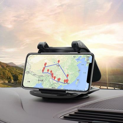 Car dashboard mobile phone holder with adjustable cradle, phone on map screen