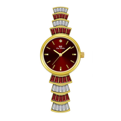 Ladies wrist watch with red dial, gold-tone case, and red diamond-like bezel accents